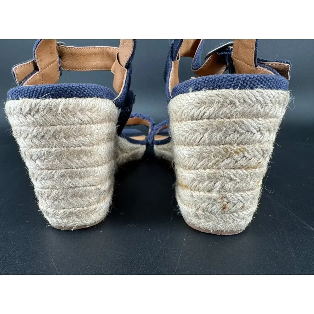 Lucky Brand Mindra Espadrille Wedge Sandals 7.5M Indigo Blue Canvas Frayed
